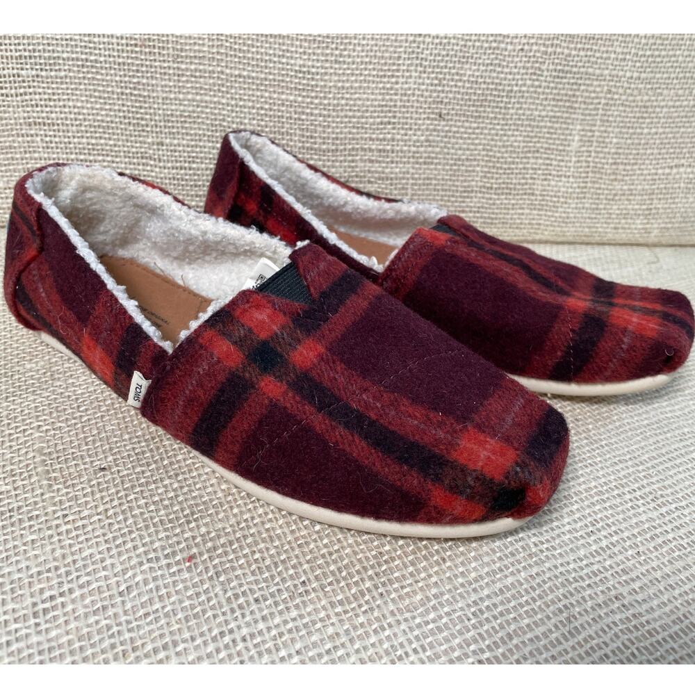 TOMS Cozy Alapargata Red‎ Plaid Slip On Flats, Fleece, Casual, Ladies size 8.5
